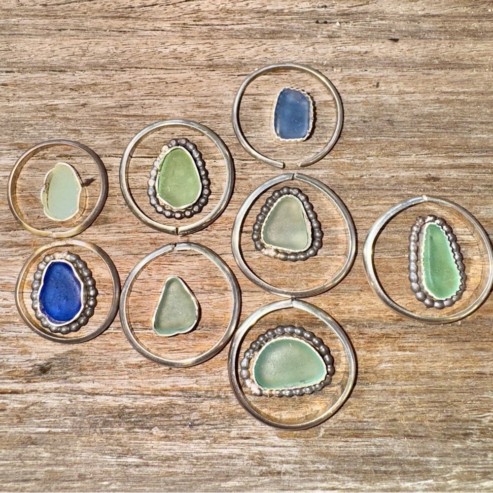 Handmade Sterling silver sea glass ring blue 925 beaded beach coastal ocean - Picture 3 of 5